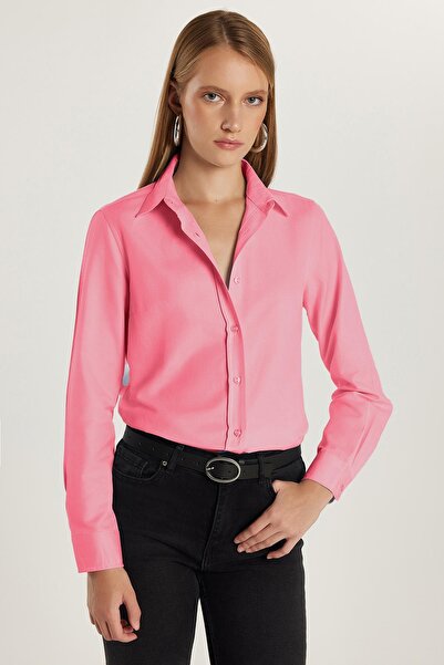 Tudors Women's Slim Fit Slim Fit Long Sleeve Cotton Bodycon Textured Pink Basic Shirt
