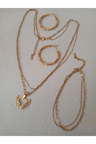 KobalBusiness Çelik Set | 45 cm Ataç zincir +Kıl zincir kolye |Melek Kanadı Uç |Bileklik Küpe set.