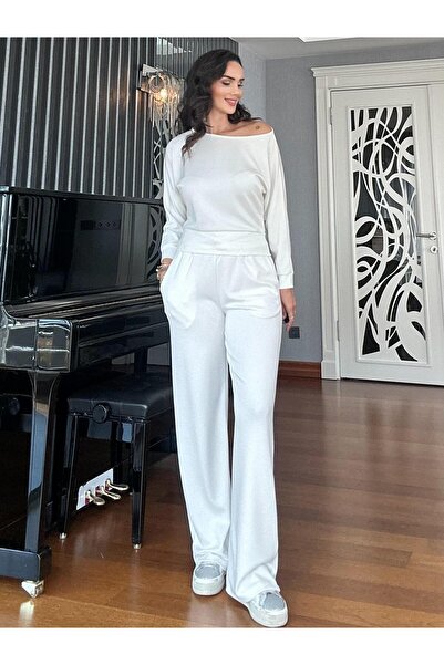 Atelier Derin Ecru Modal Boat Neck Blouse Bottom Set