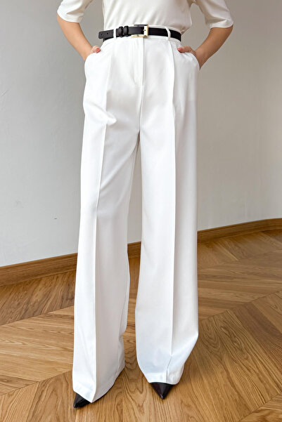 Cappmoda PNT-07422 Beyaz Poliviskon Premium Flow Palazzo Pantolon
