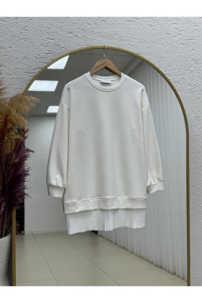 MİHRA STORE Albina Ful Stone Six Pleated Oversized Tunic-Na828 Ecru