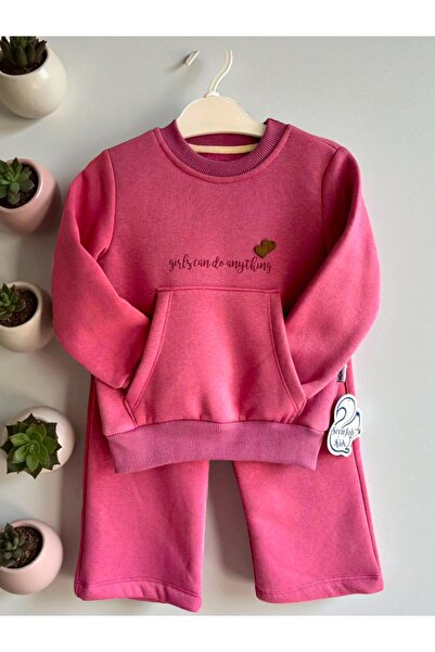 Hirazenmoda Girl's 3 Thread Sweatshirt Tracksuit Set – Embroidered Winter Model