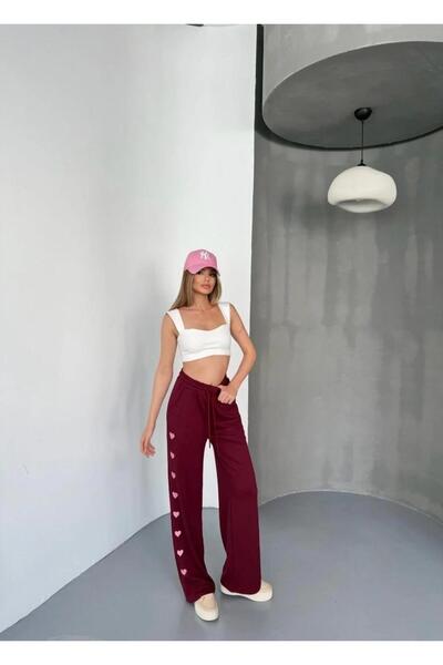 RAWEA FASHİON Osy modal soft textured fabric embroidered comfortable wide leg sweatpants - burgundy