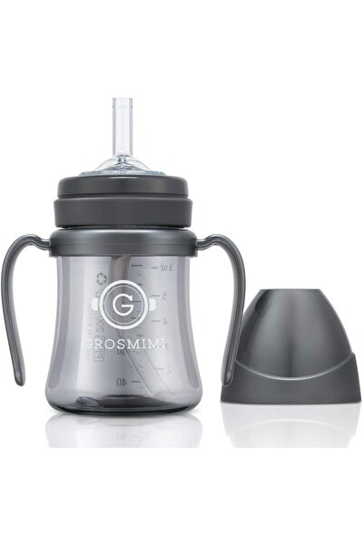 GROSMIMI كوب سحري مقاوم للانسكاب مع شفاطة ومقبض، PPSU، خالٍ من مادة BPA، 6 أونصة (لون فحمي)