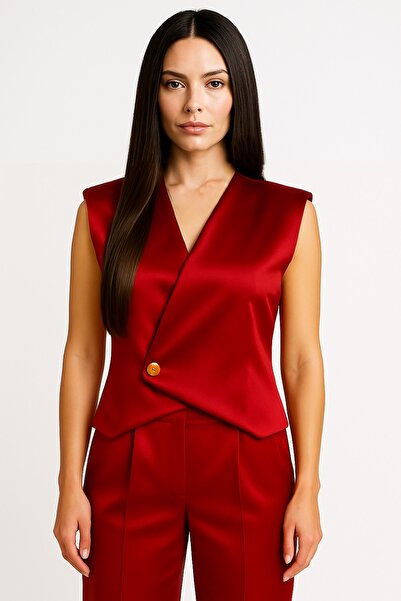 NSMLİFE Women's Satin Gold Buttoned Red Vest