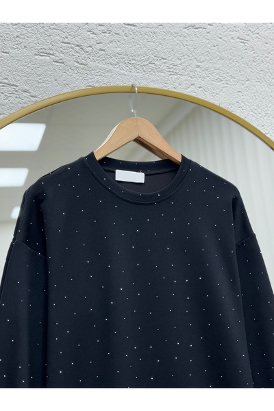 MİHRA STORE Albina Ful Stone Six Pleated Oversized Tunic-Na828 Black