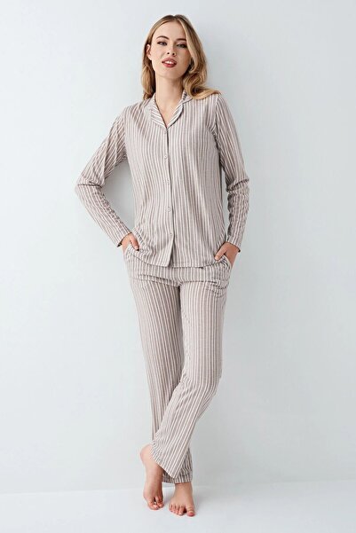 Arnetta Women's Striped Cotton Front Buttoned Pajama Set
