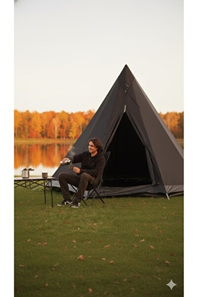 İSPİRİZ %100 SU GEÇİRMEZ LİKRALI KUMAŞ SOBA BACALI KIZILDERELİ KAMP ÇADIRI SİYAH RENK 11 M2