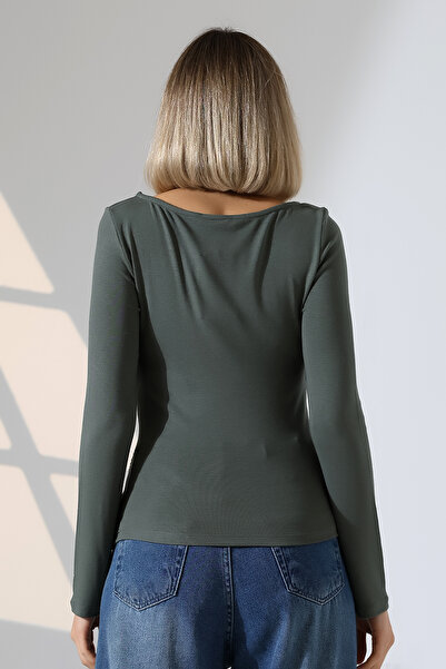 Endies Long Sleeve Boat Neck Gathered Side Bodycon Basic Women's Body T-Shirt 21951 Khaki