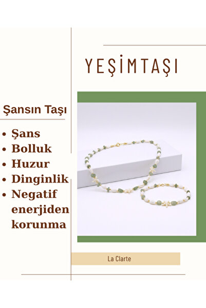 La Clarte Peace and Fortune Stone Jade Natural Stone Necklace and Bracelet |   Gold Detailed, Nickel-Free Design