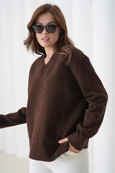 Park Karon Women's V-Neck Soft Textured Oversized Knitwear Sweater