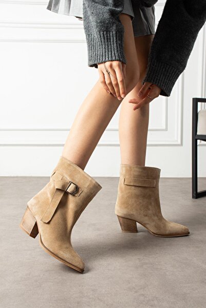 ShoeTek Yevena Women's Cowboy Boots Thick Heeled Side Bow Genuine Leather Beige Suede