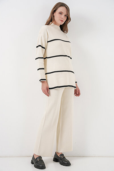 Bigdart Women's Striped Oversized Knitwear Double Set 15959 - Ecru