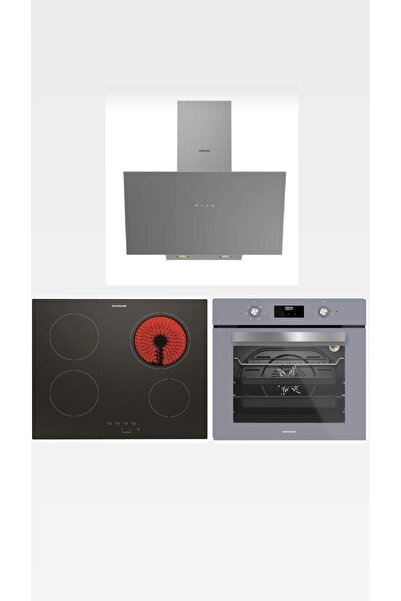 Silverline Elektrikli Ocaklı Gri Set (3481 Gri Davlumbaz-VC8210B01 Siyah Elektrikli Ocak-BO6502S02 Gri Fırın)