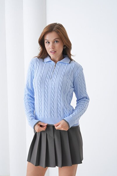 Miss Allos Women's Knitted Patterned and Zipper Detailed Collared Knitwear Sweater