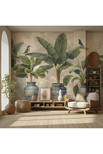 dekoartizan Saksılı Tropikal Bitkiler Duvar Kağıdı. Tekstil Tek Parça Duvar Kağıtları