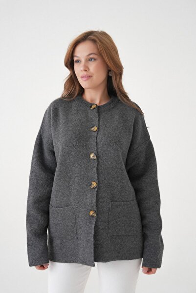 Miss Allos Women's Knitted Jacket with Buttons on the Front and Pocket Detail with Scarf