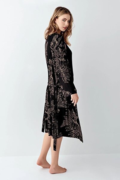 Arnetta Women's Black Cotton Lace Detailed Nightgown and Dressing Gown Set 3441