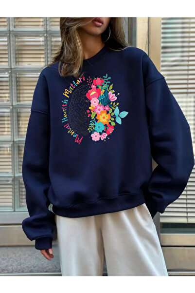 Tubinyoo الصحة النفسية مهمة مطبوع سترة رياضية برقبة دائرية وثلاث خيوط