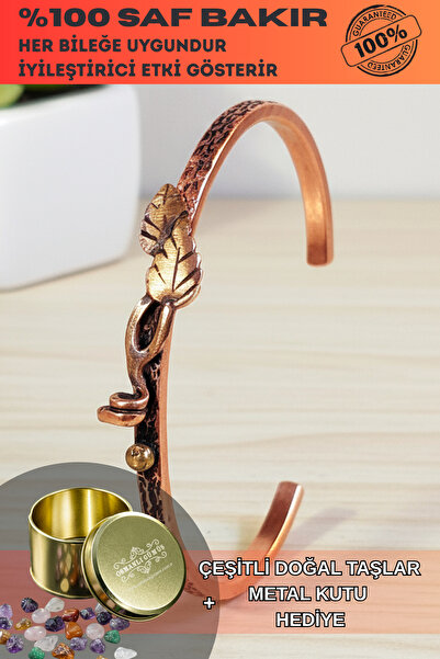 OSMANLI GÜMÜŞ Women's Copper Bracelet - Double Leaf Motif Handcuff Model Bracelet with Metal Box and Natural Stones