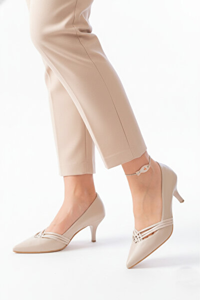 Catelyn Women's Beige Textured Leather Knitted Pointed Toe Stiletto Short Thin Heeled Shoes - 7 cm