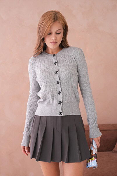 Park Karon Women's Crew Neck Button Detail Hair Knit Soft Textured Knitwear Cardigan