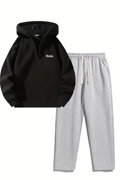 DUBU BUTİK Unisex Oversized Zippered Hooded Sweatpants Joger - Think Printed ...