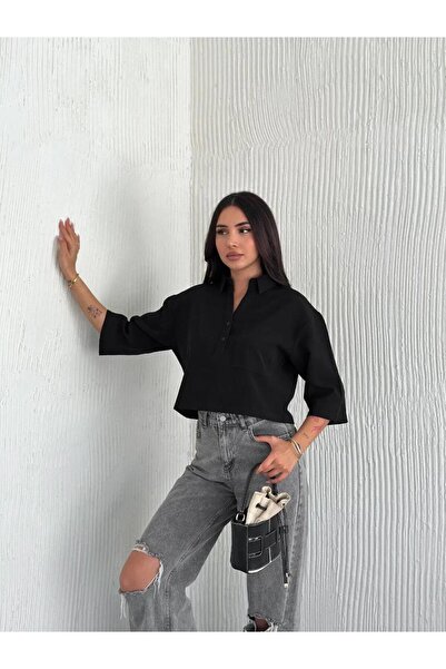 RAWEA FASHİON Z Crepe Women's Crop Collar Shirt Button down Button Three Quarter Sleeve - Black