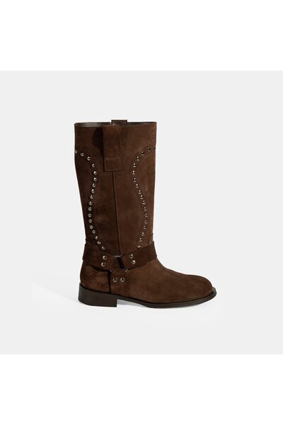 Desa Women's Brown Studded Detailed Suede Leather Boots