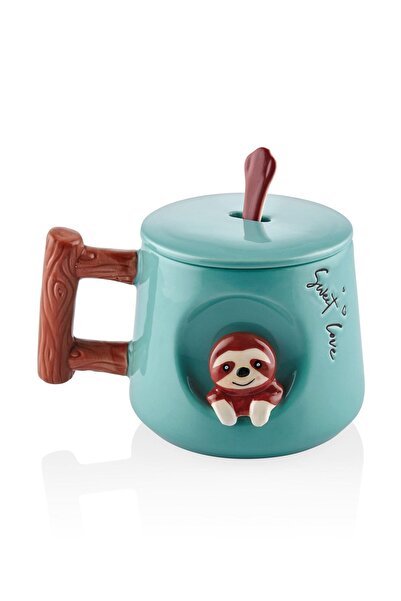 RİVO HOME DECOR Lazy Animal Mug with Lid and Spoon 370 ml
