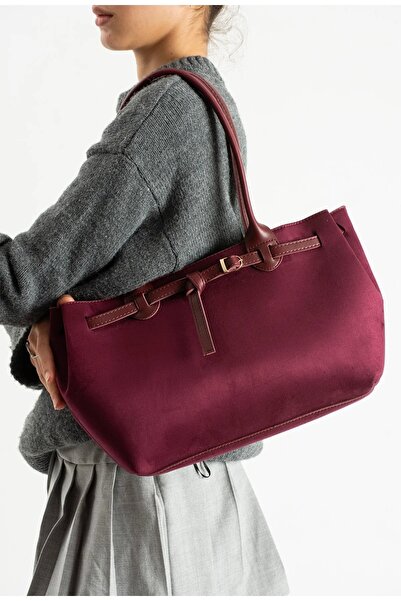 grand coco Women's Stylish Detailed Burgundy Suede Hand and Shoulder Bag