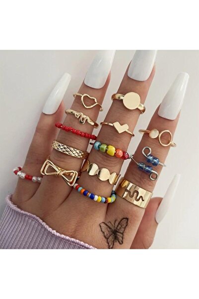 Pursehuit Set de 14 inele, aurii cu mărgele colorate, Sarina C4