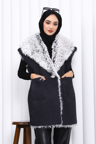 İmajButik Black Double-Breasted Collar Fur Lined Suede Vest