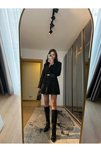 büşra gülşen Kemerli Çanta Aksesuarlı Blazer Ceket Siyah Elbise