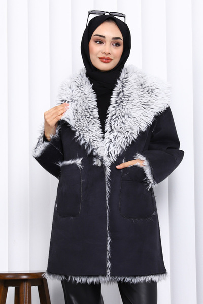İmajButik Black Double-Breasted Collar Fur Lined Suede Coat