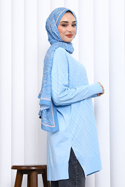İmajButik Baby Blue Crew Neck Cold Thread Knitwear Tunic