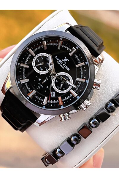 Daniel Klein Men's Wristwatch 30 Meters Water Resistant Leather Strap Cord + Bracelet Gift Vs.Blkt.