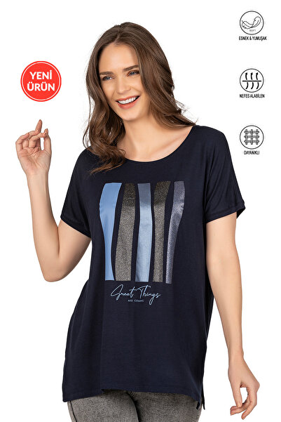 ÖZKAN underwear Özkan 26999 Women's Premium Fabric Knitted Blouse with Slit Detail on the Front Printed Stretch Fabric