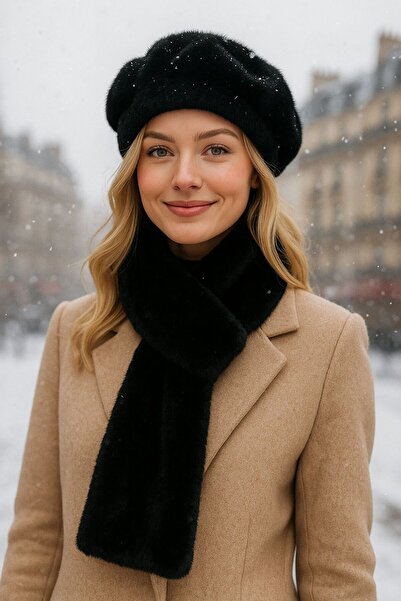 FELLMENS Black Soft Textured Plush Painter's Beret and Neck Collar Set of 2