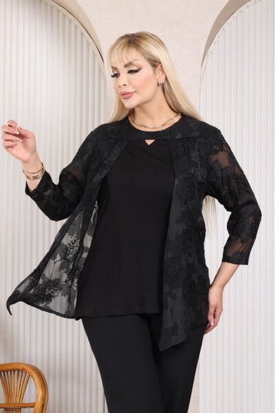 sinemisxxl Stretch Fabric Plus Size Blouse with Jacquard Tulle Detail