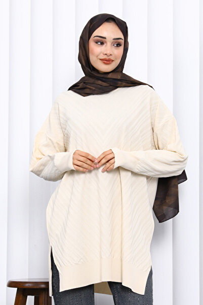 İmajButik Cream Crew Neck Cold Thread Knitwear Tunic