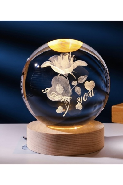 fotobaskıcım LED Işıklı Kristal Küre Gül Figürlü “I Love You” Masa Gece Lambası
