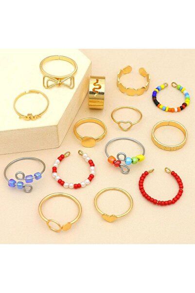 Pursehuit Set de 14 inele, aurii cu mărgele colorate, Sarina C4