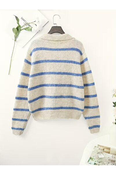 banessa Ecru Blue Fleece-Lined Polo Neck Oversized Women's Knitwear Sweater
