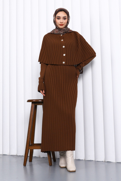 İmajButik Long Knit Dress with Brown Cape Detail