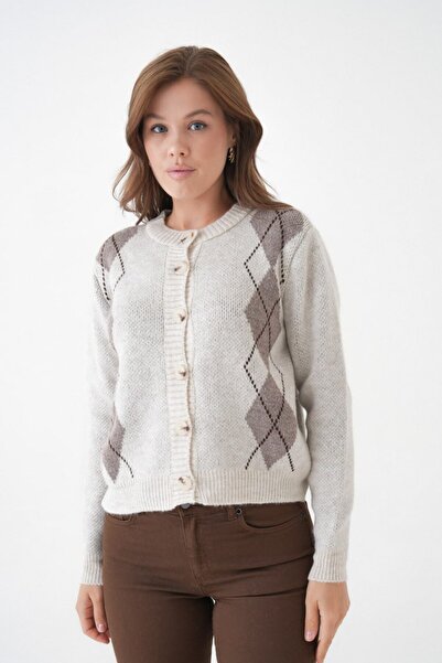 Miss Allos Women's Front Button Detailed Argyle Patterned Cardigan