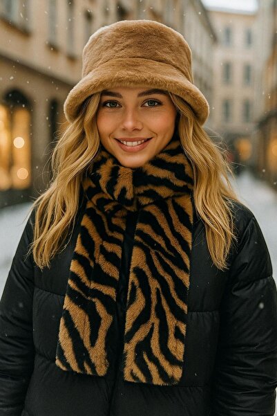 FELLMENS Camel Zebra Patterned Soft Textured Plush Hat Neck Collar Set of 2