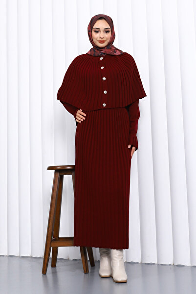 İmajButik Burgundy Cape Detailed Long Knitwear Dress