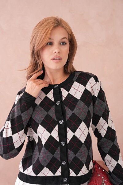 Miss Allos Women's Crew Neck Diamond Patterned and Buttoned Front Knitwear Cardigan