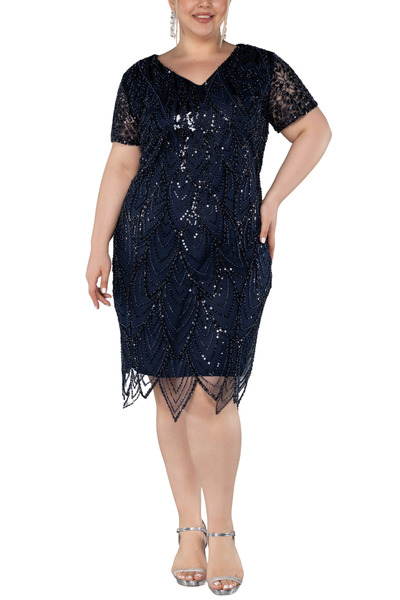 Arden Plus Size Short Evening Dresses,Midi Sequined Cocktail Dress,Black,Navy Blue,Gold V-Neck Short Sleeve,46-54